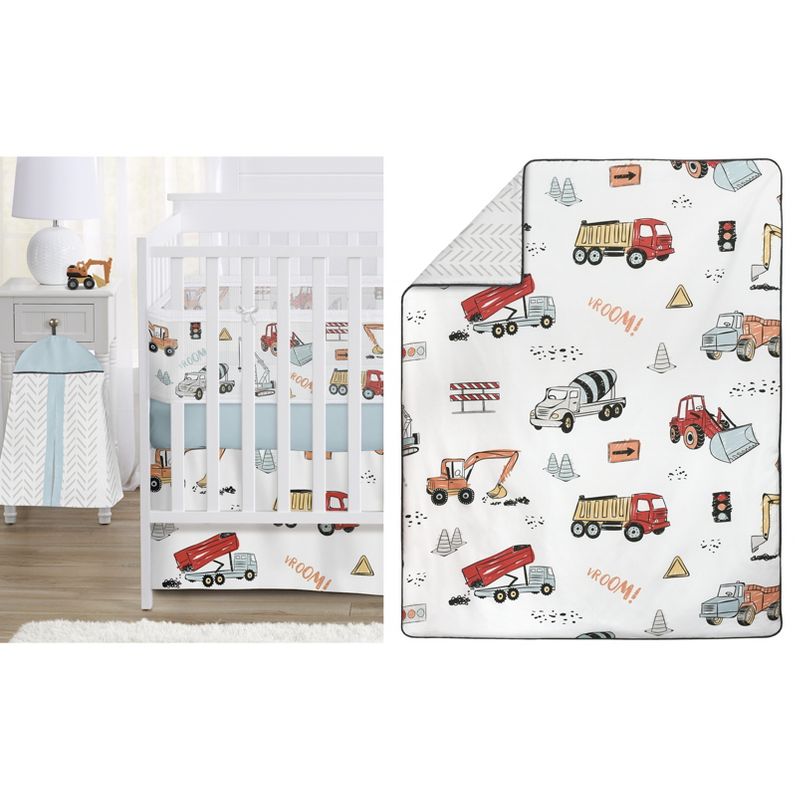 Sweet Jojo Designs Boy Crib Bedding + BreathableBaby Breathable Mesh Liner Construction Truck White Red Blue, 1 of 7