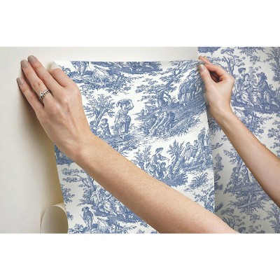 Blue and White Vinyl Peel & Stick Toile Wallpaper Roll