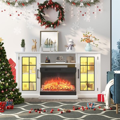 GustoWave TV Stand with Fireplace,59 Inch Fireplace TV Stand for 65" TVs, Farmhouse Media Console with Glass Door Storage, Adjustable Flame,White