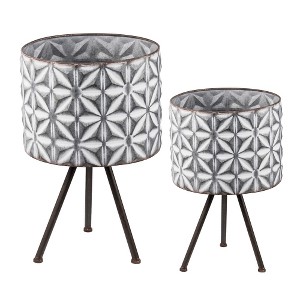 YUHAO Set of 2 Round Galvanized Grey Farmhouse Planter Stand for Indoor Outdoor Home Garden Decor - L:12"x19"x19", S:10"x17"x17" - 1 of 4