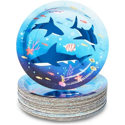 Blue Panda 48 Pack Ocean Under the Sea Shark Disposable Paper Plates 7" for Kids Birthday Party Supplies & Decorations