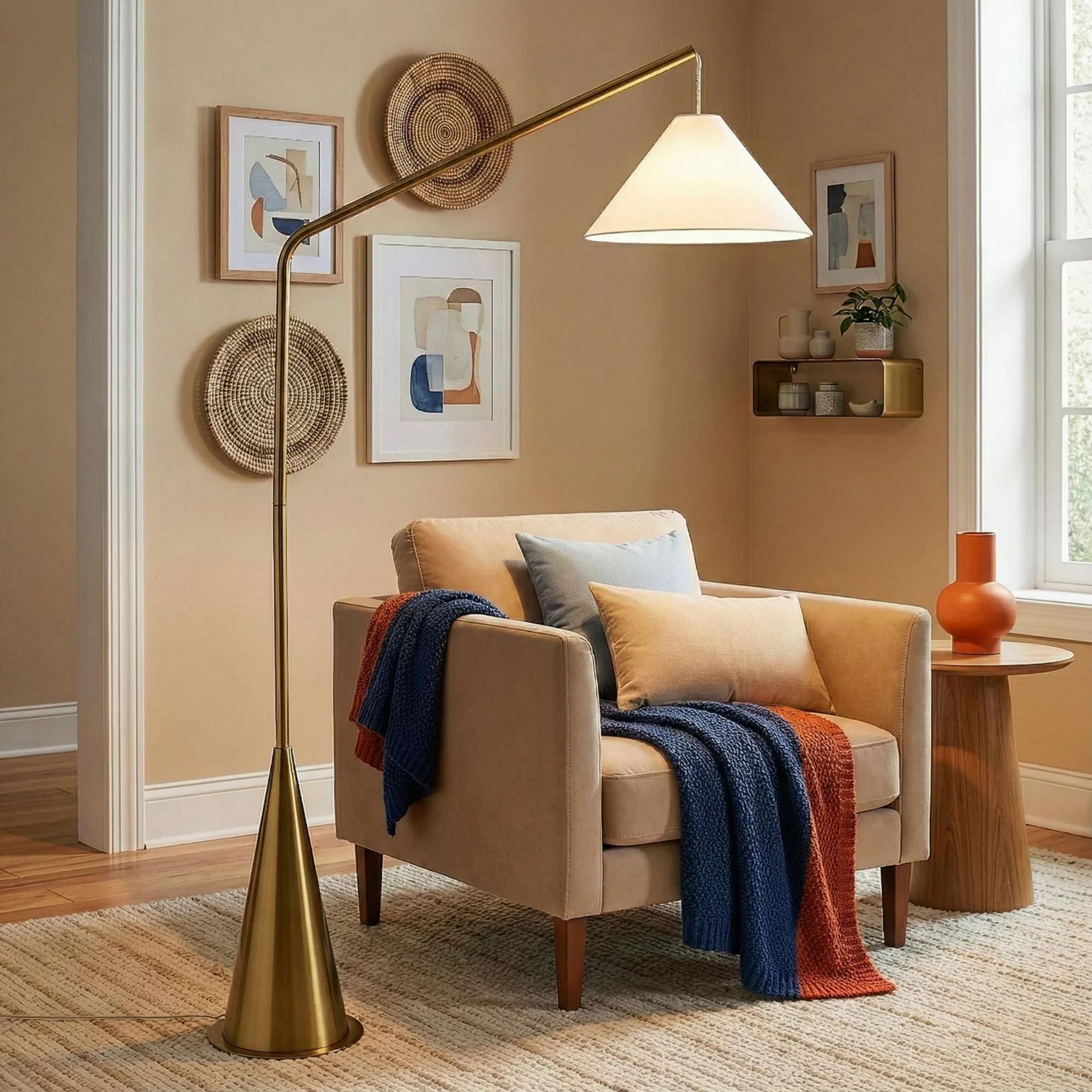 GDFStudio Camden Modern Floor Lamp with Coned Base and Hanging Fabric Shade, Antique Brass/White