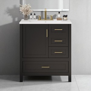 Mshliw 30" Bathroom Vanity with Ceramic Sink, Soft-Close Doors & Drawers, Solid Wood Frame, Modern Storage Cabinet - 1 of 4