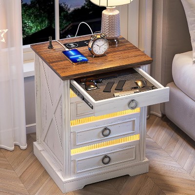 Vlsrka Farmhouse Nightstand with Hidden Storage, Charging Station, Motion Sensor LED, End Table for Bedroom