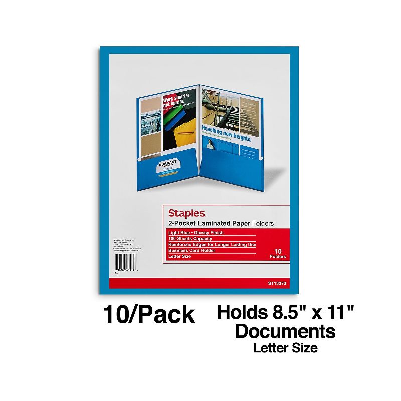 Staples 2-Pocket Laminated Folders Light Blue 10/Pack 13373-CC, 2 of 5