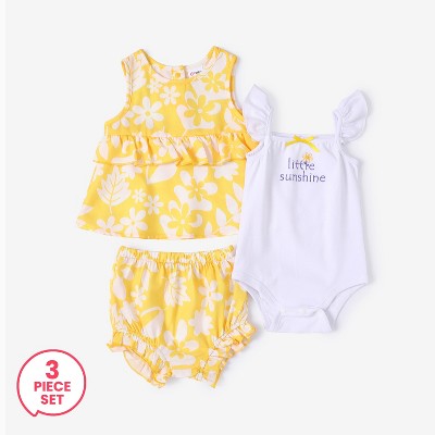 PATPAT 3 Piece Baby Girl Letter Romper and Floral Print Ruffled Top and Shorts Outfit Set