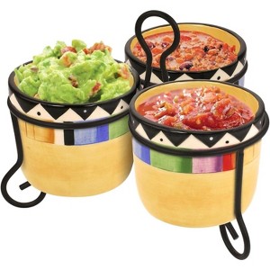 KOVOT Fiesta Style 3 Dip Bowls With Metal Stand | 8-Ounce Ceramic Serving Set | Cinco De Mayo Decor - 1 of 4