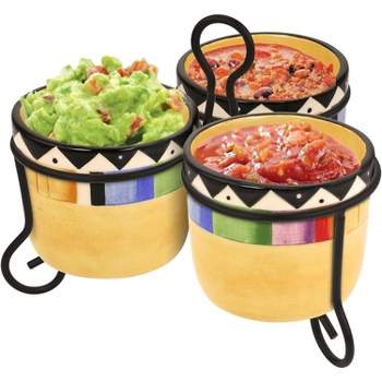 KOVOT Fiesta Style 3 Dip Bowls With Metal Stand | 8-Ounce Ceramic Serving Set | Cinco De Mayo Decor