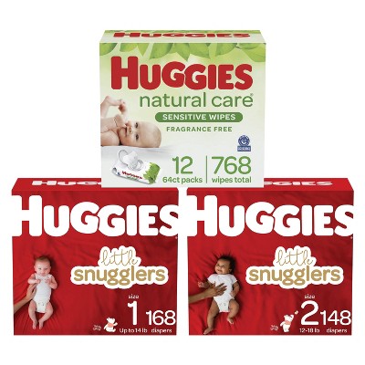 Image of Huggies Little Snugglers Baby Diapers Size 1 - 168ct + Size 2 - 148ct + Natural Care Sensitive Baby Wipes - Bundle