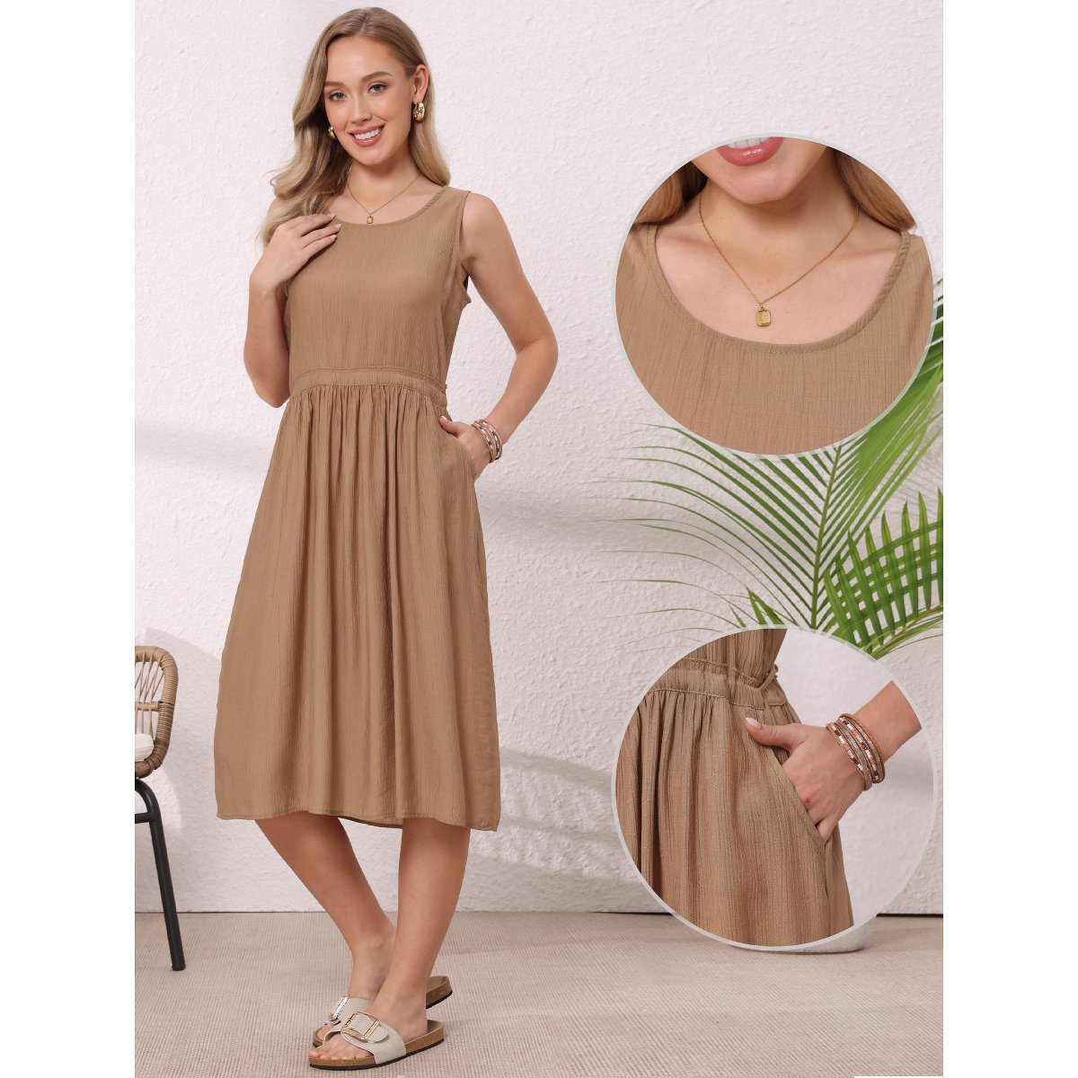 Женские платья INSPIRE CHIC Women's Sleeveless Scoop Neck Drawstring Waist Summer A-Line Midi Dresses Medium Khaki — фото 2
