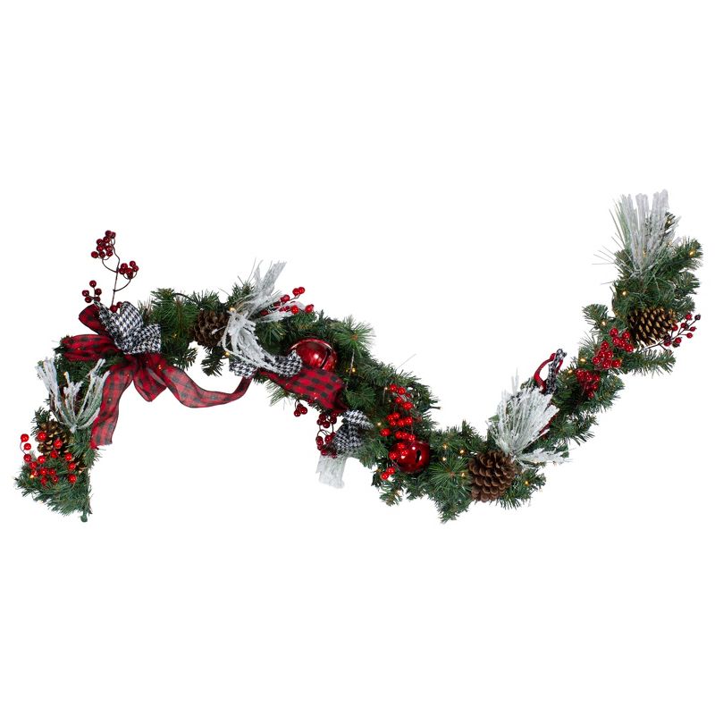 Northlight 6' x 12" Pre-Lit Plaid Bows and Red Berries Artificial Christmas Garland - Warm White Lights, 1 of 6