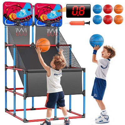 Skirfy Kids Arcade Basketball Game with Scoring and Target Sounds, 2-Player Double Shot Basketball Game with 6 Balls, Basketball Toy Set.
