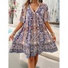 Womens Summer Dress Color Block Floral Print V Neck Midi Dress - 3 of 4