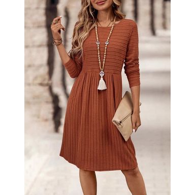 Womens Long Sleeve Sweater Dresses Ribbed Knit Casual Crew Neck Knee Length Dress