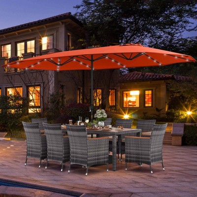 11-Piece Gray Rattan Patio Dining Set with Orange Umbrella