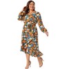 Agnes Orinda Women's Plus Size Floral Printed Ruched Tiered Ruffle Hem V Neck Long Sleeve Flowy Beach Casual A-Line Midi Dresses - 3 of 4