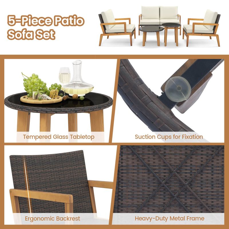Tangkula 5 Piece Rattan Furniture Set w/ Wicker Woven Sofa Set & Solid Acacia Wood Frame, 2 of 5