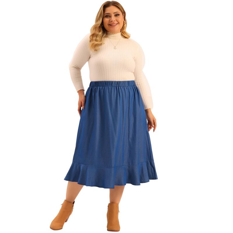 Agnes Orinda Women's Plus Size Midi Elastic Waist Denim Tiered Pleated Hem A Line Skirts, 3 of 6