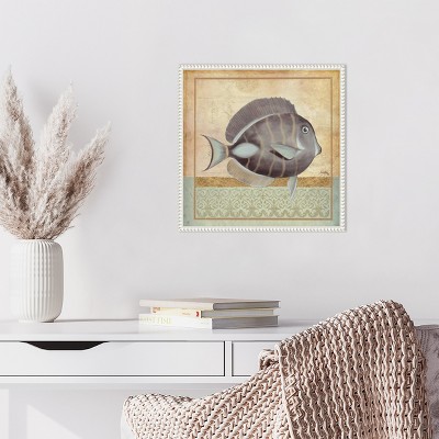 Vintage Fish II Coastal Canvas Wall Art with White Beaded Frame