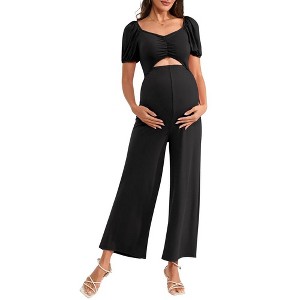 Whizmax Women's Maternity Summer Cutout Jumpsuits Puff Short Sleeve Sweetheart Neck Ruffle Casual High Waist Wide leg Rompers - 1 of 4