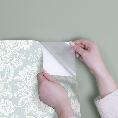 Duck Egg Blue Damask Peel and Stick Vinyl Wallpaper