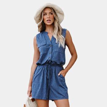Women's Front Button V-Neck Jersey Romper - Cupshe