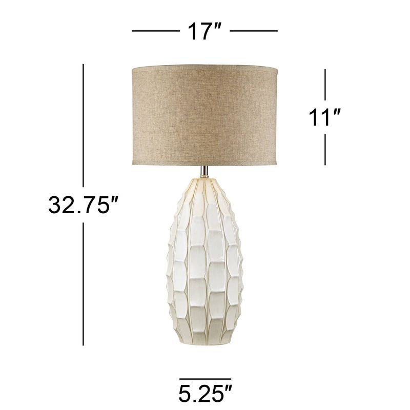 Possini Euro Design Cosgrove Modern Mid Century Table Lamp 32 3/4" Tall White Glazed Ceramic Beige Fabric Drum Shade for Bedroom Living Room Bedside, 4 of 10