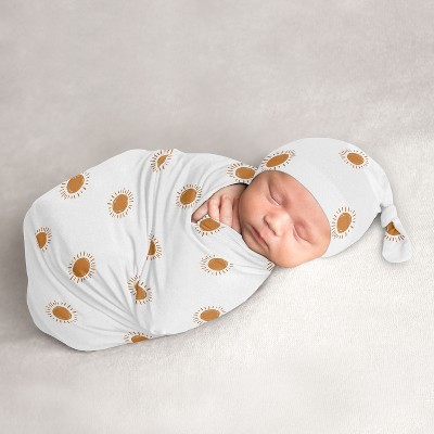 Image of Sweet Jojo Designs Boy, Girl, Unisex/Gender Neutral Baby Cocoon and Beanie Hat Swaddle Wrap Boho Sun White and Orange 2pc