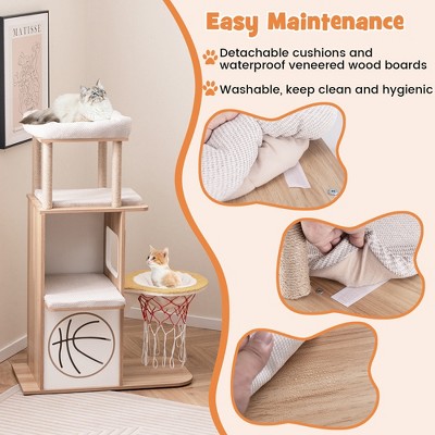 Natural Wooden Cat Tree with Condos, Perches, and Basketball Hoop