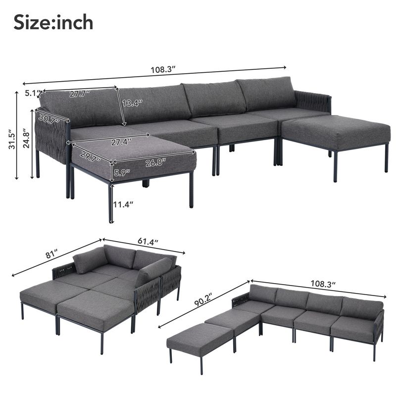 6pc Aluminum Patio Furniture Set, Outdoor Conversation Set Sectional Sofa With Removable Cushion 4A, Gray -ModernLuxe, 3 of 11