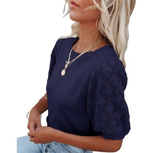 Women's Round Neck Short Sleeve Sweater Summer Casual Puff Sleeve Pullover Knit Top - 1 of 4