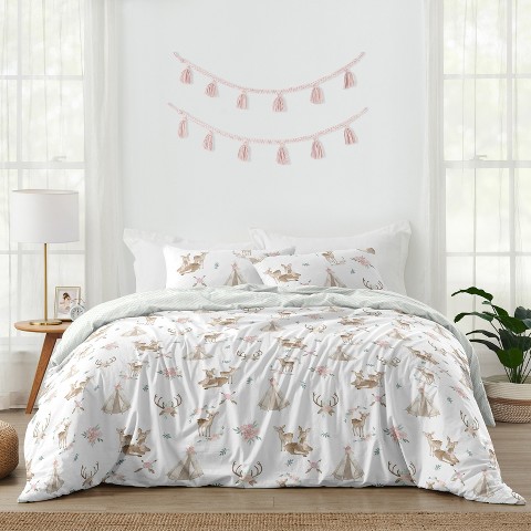 Sweet Jojo Designs Full/Queen Comforter Bedding Set Deer Floral White Taupe and Pink 3pc
