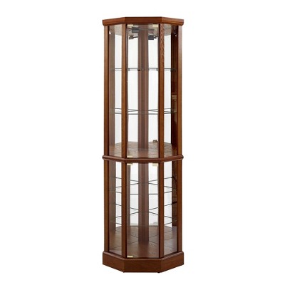 Corner display cabinet with glass shelves and lights
