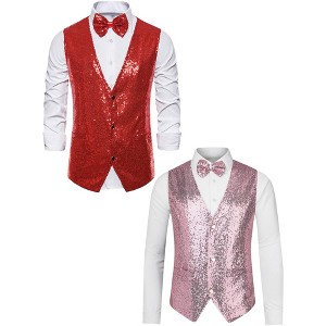 Lars Amadeus Men's Shiny Sequin Sleeveless Tuxedo Vest Set with Bow Tie 2 Packs - 1 of 4