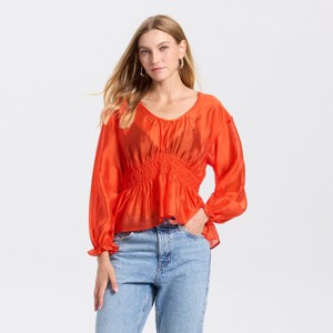 Women's Long Sleeve Smocked Waist Sheer Blouse - A New Day™ - 1 of 3