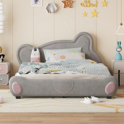 Twin Size Velvet Platform Bed With Bear-Shaped Headboard, Beds Platform With Bed-End Storage Pocket, Twin Bed Modern-Cuddlewood