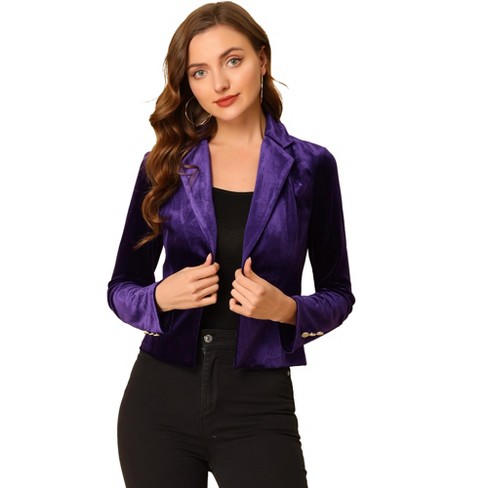 Allegra K Women's 1 Button Velvet Blazer Lapel Business Office Crop Suit  Jacket Dark Purple X-large : Target