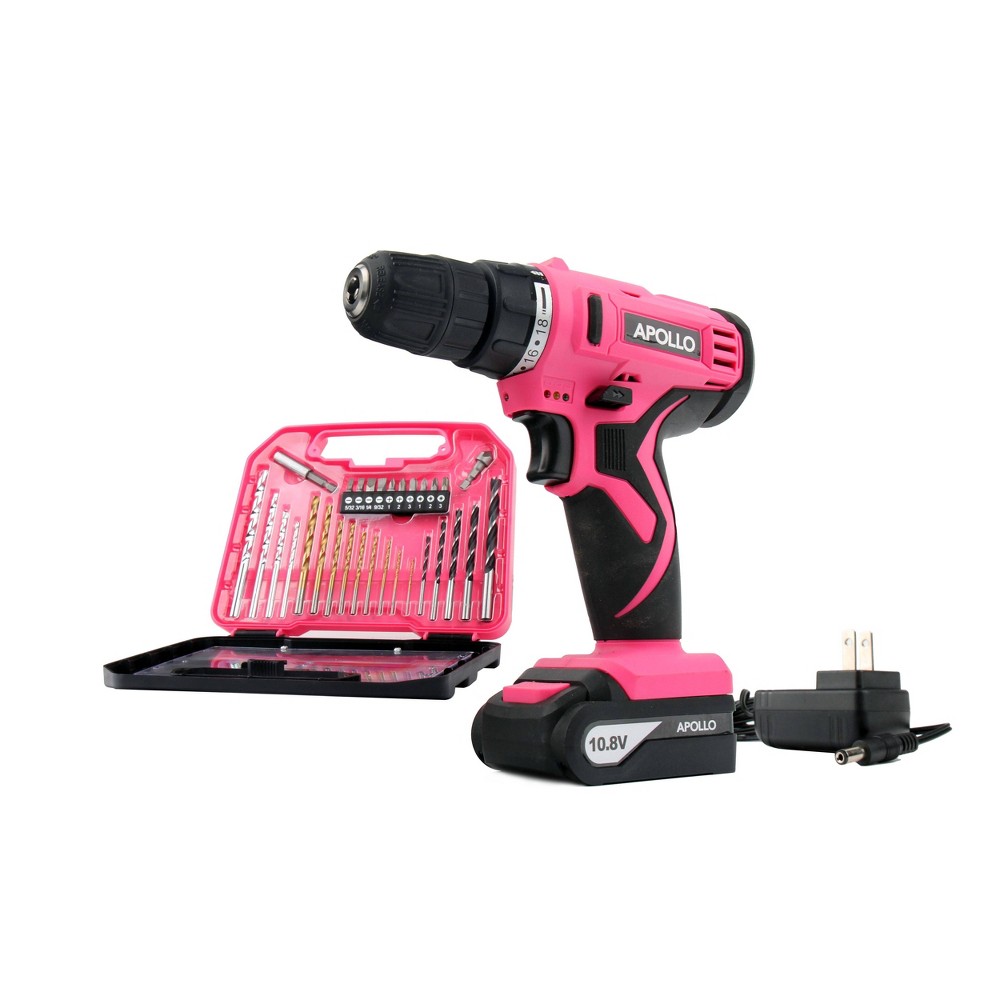 Apollo Tools 10.8 Volt DT4937P Cordless Drill with 30pc Accessory Set Pink: Hand Drill Kit, Lithium Ion Battery, 3/8" Chuck