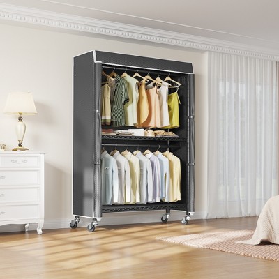 Black Heavy Duty Rolling Garment Rack with Cover and Wire Shelving