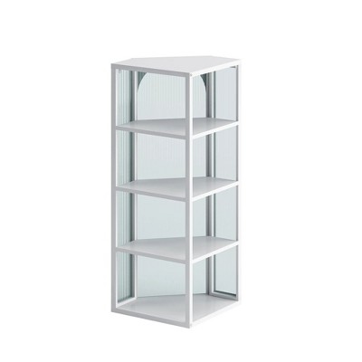 41.34 In. Glass Door Wall Mounted Corner Cabinet with Featuring Four-tier Storage for Bedroom, Living Room, Bathroom, Kitchen, White