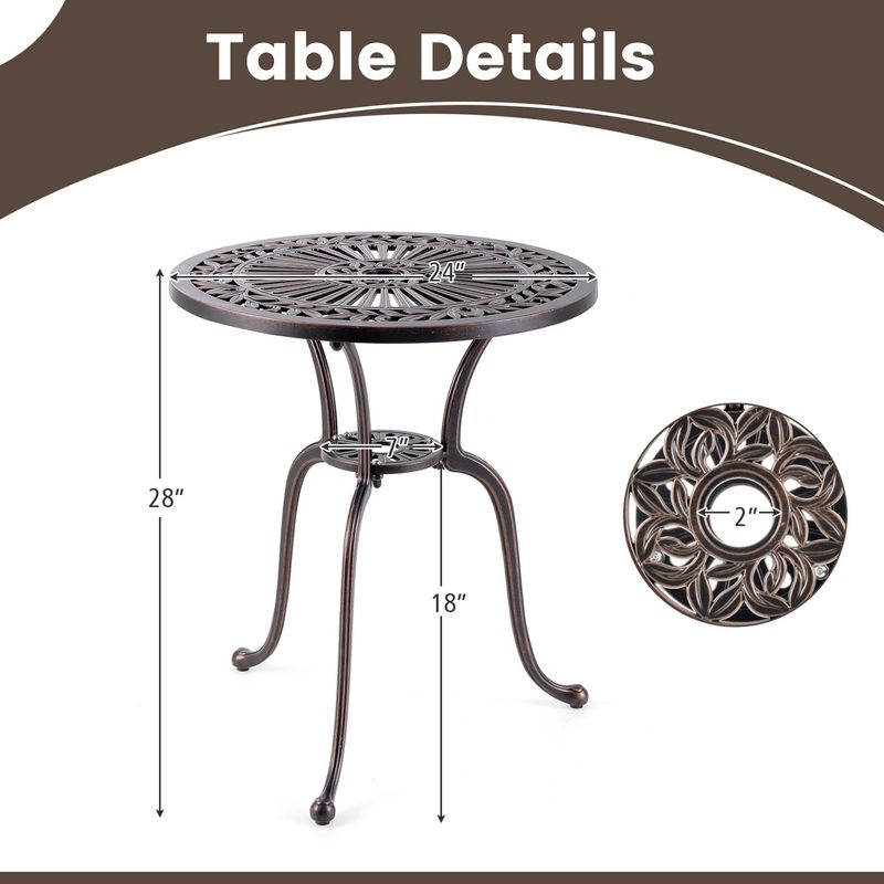 Costway 24" Round Cast Aluminum Table Patio Dining Bistro Table with 2 Inch Umbrella Hole, 3 of 11