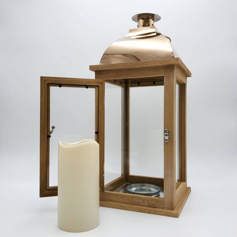 Wooden LED Lantern with Copper Roof and Battery Operated Candle Brown - LumaBase, 2 of 8
