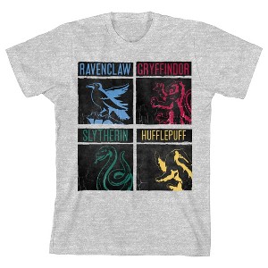 Harry Potter Hogwarts Houses Grid Boy's Heather Gray T-shirt - 1 of 3