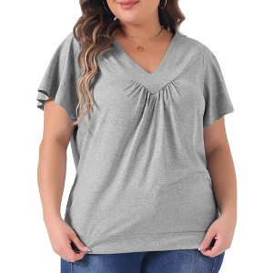 Agnes Orinda Women's Plus Size Pleat V Neck Ruffle Short Sleeve Summer Plain Blouse - 1 of 4