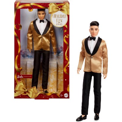 Barbie Signature 2025 Holiday Black Hair Ken Collectible Fashion Doll wearing Full Suit with Golden Jacket