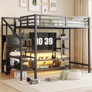 TIRAMISUBEST Full Size Metal Loft Bed with TV Stand & Charge Station, Kids Teens Bed Frame with Staircase & Open Wardrobe - 1 of 4