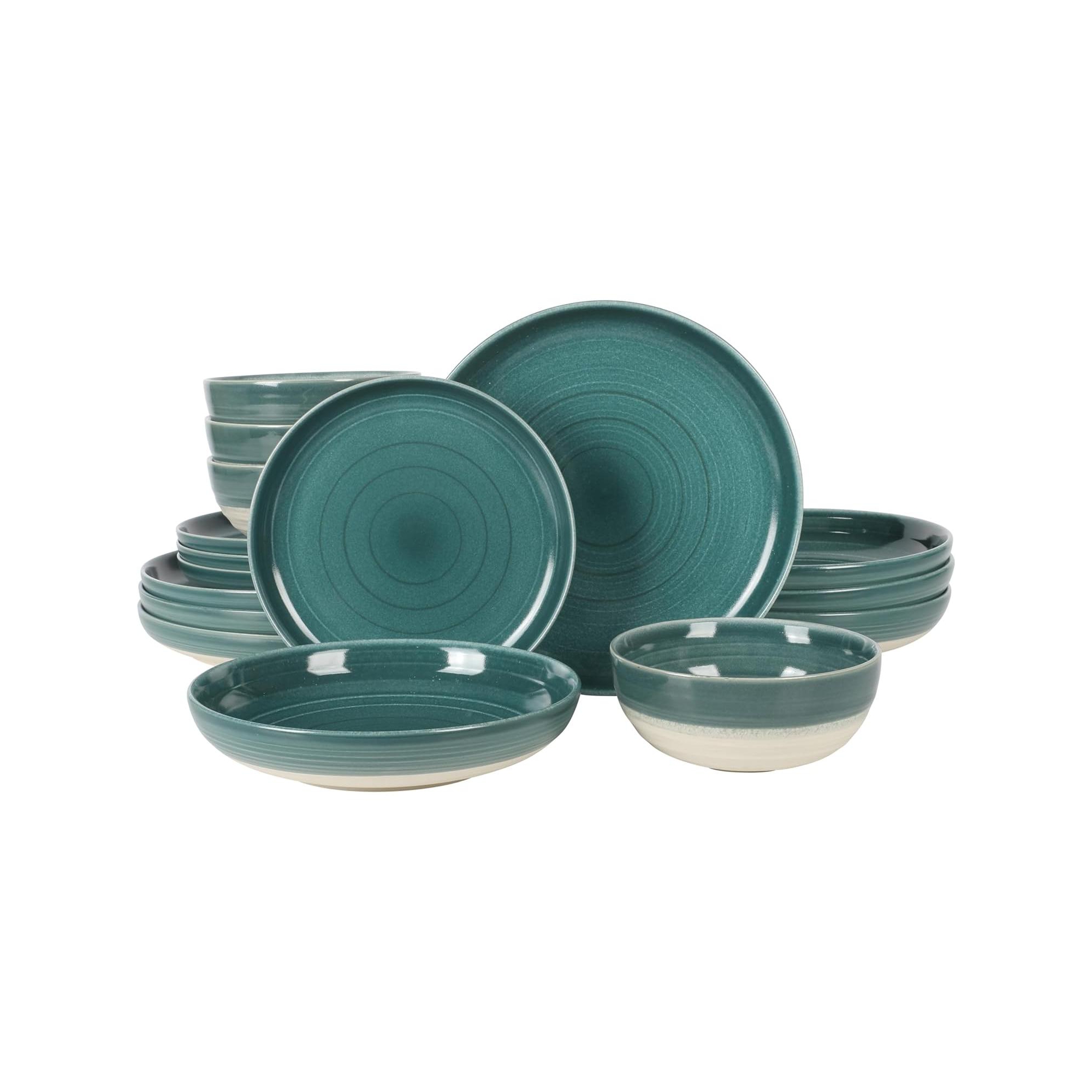 Gibson Elite Clarina 16 Piece Double Bowl Stoneware Reactive Glaze Round Plates and Bowls Dinnerware Set - Teal