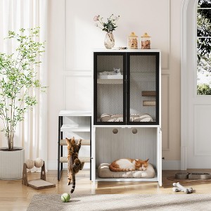 Cat Litter Box Enclosure with Door - Double Layer Cat House with Hammock, Ladder and Scratching Posts, Hidden Enclosed Litter Box Storage Furniture - 1 of 4