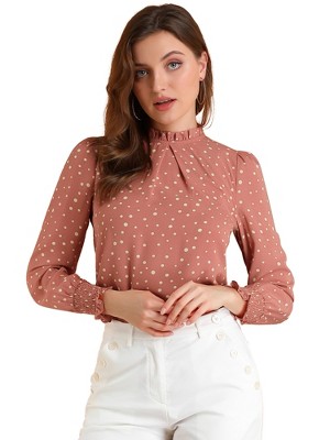 Allegra K Women's Smocked Cuffs Puff Sleeve Ruffled Neck Vintage Polka Dots Blouses