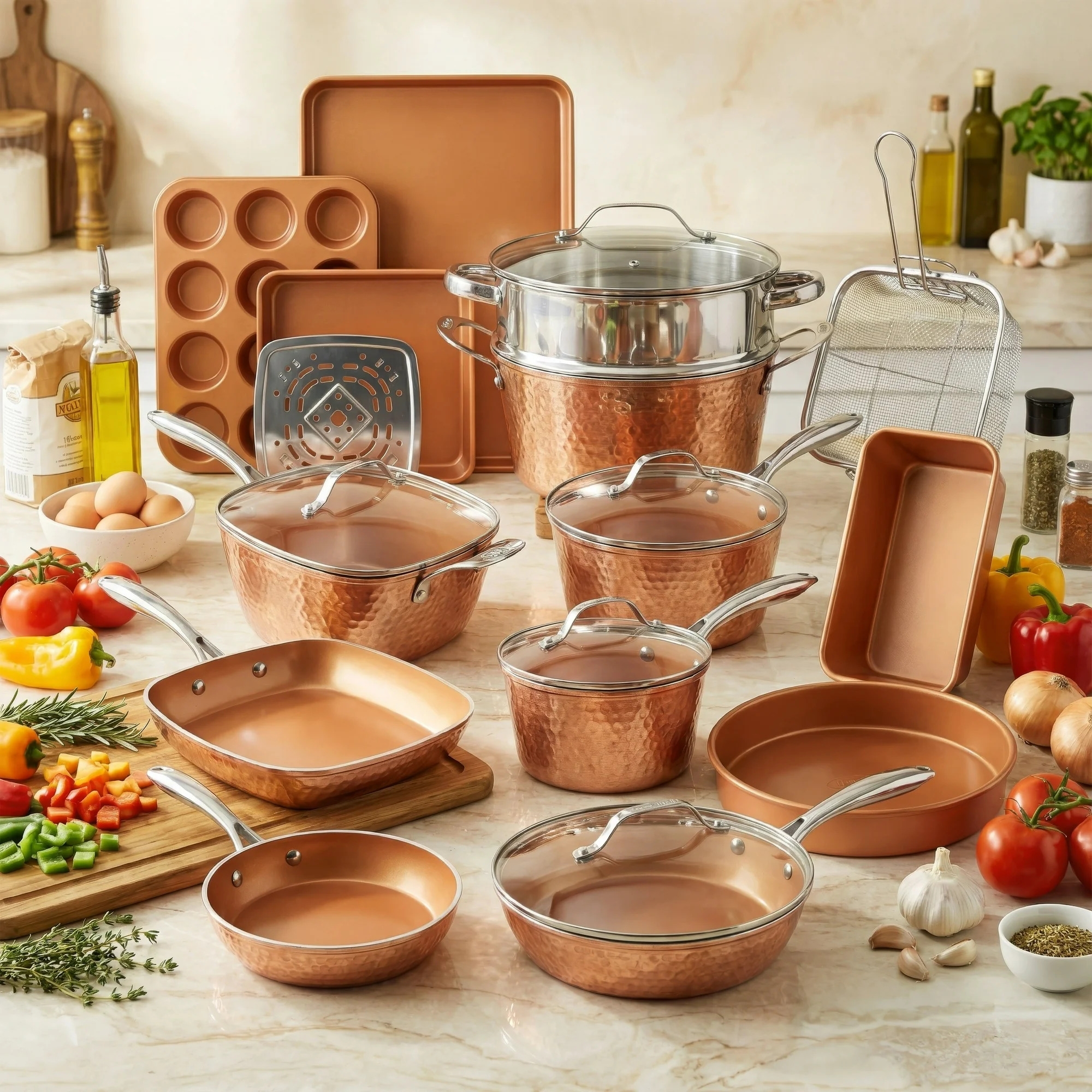 Gotham Steel Pro Hammered Pots and Pans Copper 20 Piece Ceramic Nonstick Induction Cookware and Bakeware Set